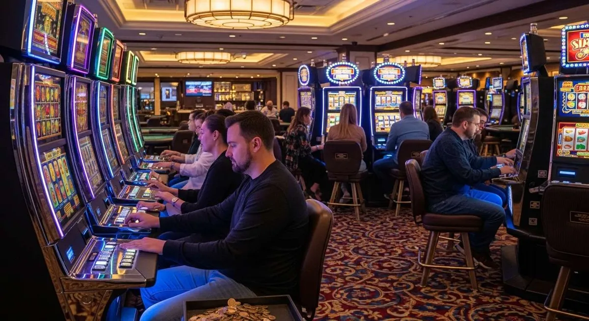 Instant Casino Giocatori seduti alle slot machine luminose nel casinò